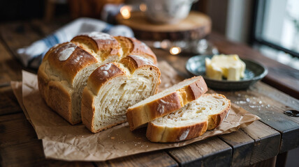 Fresh bread is paired with butter at a cozy dinner