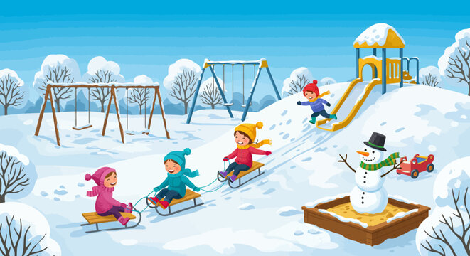 Happy children playing in a snowy park, sledding down a hill and enjoying a beautiful winter day together