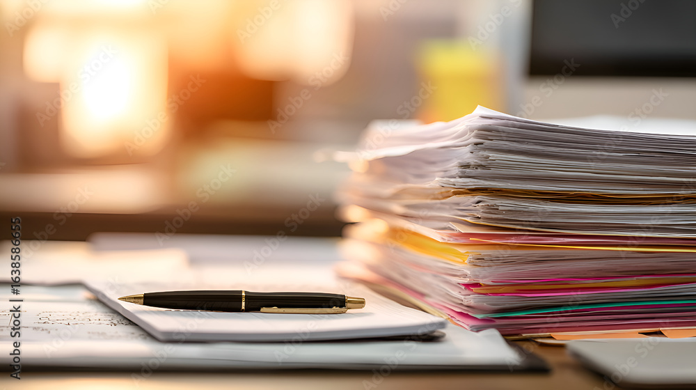 Poster stack of documents and pen creating administrative burden in office