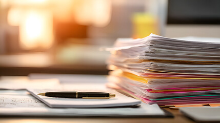 Stack of documents and pen creating administrative burden in office