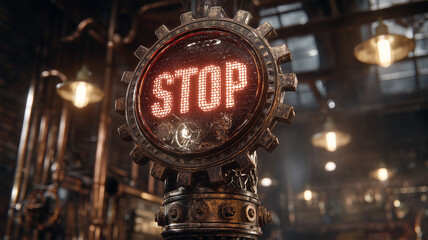 歯車型の赤いストップサインが光る