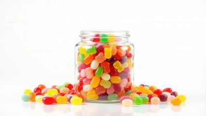 A Jar of Candy: A vibrant array of assorted candies fills a clear glass jar, spilling out onto the surface, creating a visually delightful scene of pure joy and the celebration of sweetness.