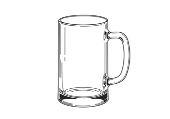 Line art of a transparent beer mug with a handle and a heavy base rendered in black ink on a white background