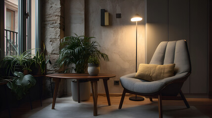 Fototapeta premium Modern living room interior with comfortable armchair and houseplants
