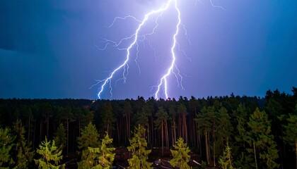 Dramatic lightning storm over a forest