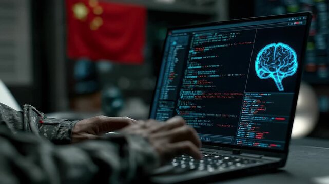 Soldier using laptop AI brain China flag background, 4k video footage