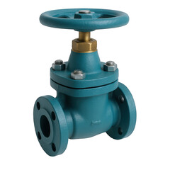 Industrial Gate Valve with Teal Finish and Brass Accents, Featuring a Handwheel for Manual Operation and Flanged Connections