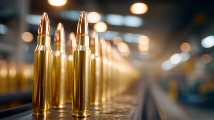 A low-angle shot of rifle ammunition stretching into the distance, each brass casing reflecting the glow of overhead industrial lamps, fine details in the copper tips glistening sh