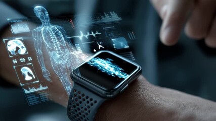 Smartwatch displaying human body data digital health technology future medicine, 4k video footage - Powered by Adobe