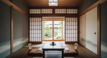 Serene Japanese Tea Room: Shoji Screens, Tranquil Garden View