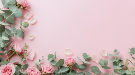 Spring floral border with pink roses and eucalyptus leaves on a pastel background