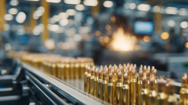 Cartridges arranged in a precise diagonal formation, brass and copper tones enhanced by warm overhead lighting, industrial machinery faintly blurred in the distance,