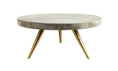 Round coffee table with golden legs and textured surface. isolated on white background and transparent background