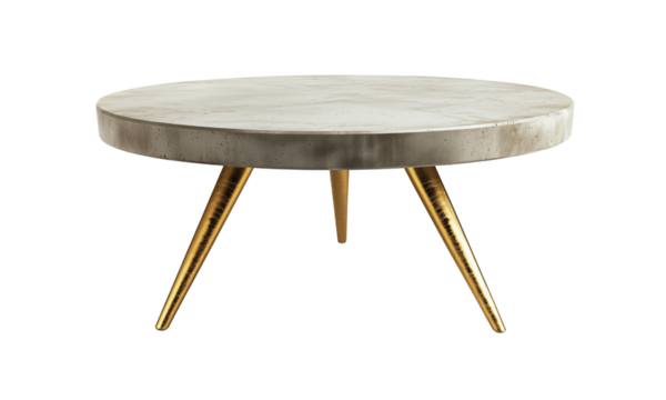 Round coffee table with golden legs and textured surface. isolated on white background and transparent background