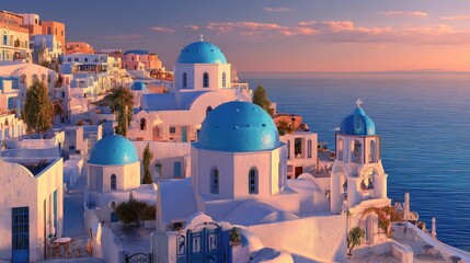 Santorini sunset whitewashed village, blue domes, Aegean Sea. Travel postcard