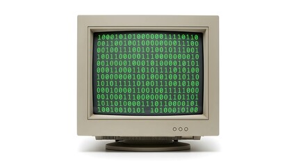 A vintage CRT monitor displays green binary code across its screen, evoking the aesthetics of early computing and symbolizing digital data, coding, and retro tech nostalgia.