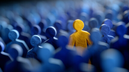 Obraz premium Stylized 3D render of one yellow figure on a blue grid, surrounded by hundreds of uniformly spaced blue figures, sharp lighting enhancing the color contrast,