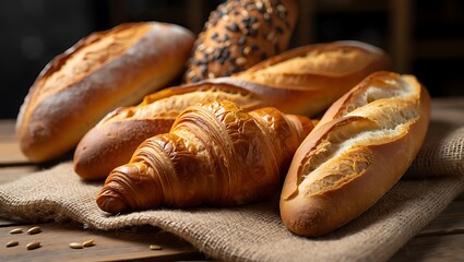 Assortment of freshly baked artisan breads and croissants on burlap