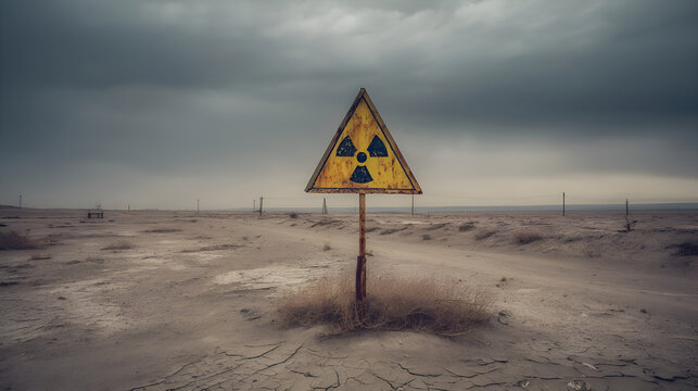 Rusty radiation sign warns of danger in desolate landscape