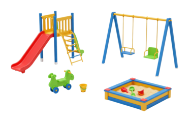 Children playing on colorful playground equipment outdoor park fun activity bright environment captured perspective. Cut out png
