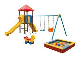 Children playing on colorful playground equipment outdoor park bright sunny day eye-level fun and adventure. Cut out png