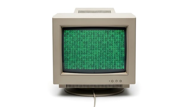 A vintage CRT monitor displays green binary code across its screen, evoking the aesthetics of early computing and symbolizing digital data, coding, and retro tech nostalgia.
