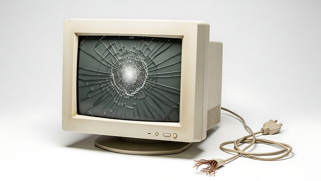 An old CRT monitor with a shattered screen and frayed cable highlights the fragility and obsolescence of outdated technology in a stark studio setting.
