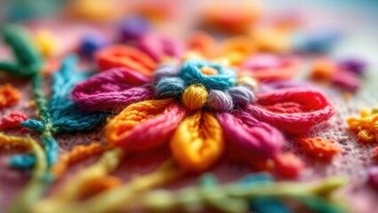 Vibrant Embroidery Flourish: A close-up shot of exquisite floral embroidery in a vivid kaleidoscope of colors, showcasing the fine detail and skill in the art of needlework.