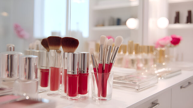 Makeup brushes and cosmetics filling vanity table in beauty salon
