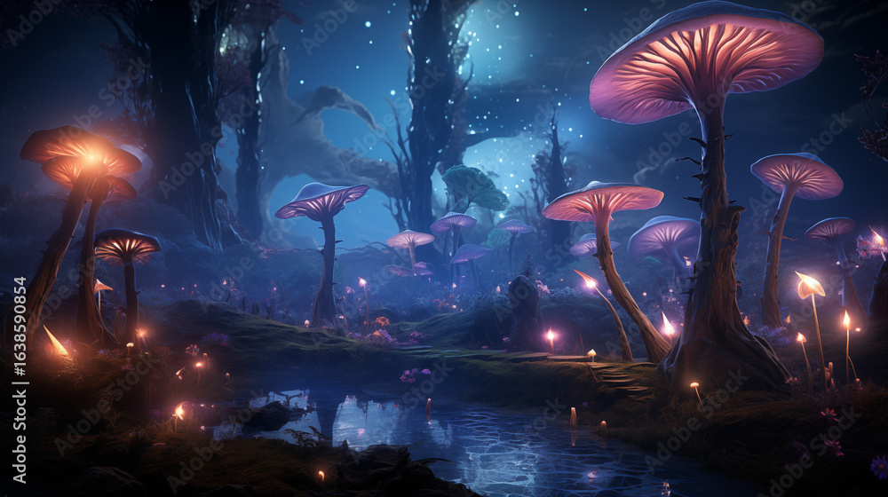 Poster enchanted mushroom forest with glowing lights and a flowing river, creating a magical and surreal fa