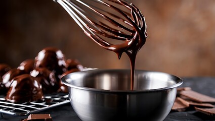 Fototapeta premium Whisk dripping melted dark chocolate into a metal bowl with chocolate covered treats