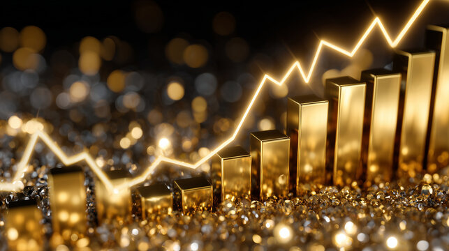 Rising golden bars forming a sleek financial graph, each peak sparkling with radiant diamonds, warm, soft lighting enhancing the elegance and symbolism of prosperity,