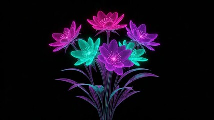 Futuristic bouquet with bioluminescent flowers and neon accents - Powered by Adobe