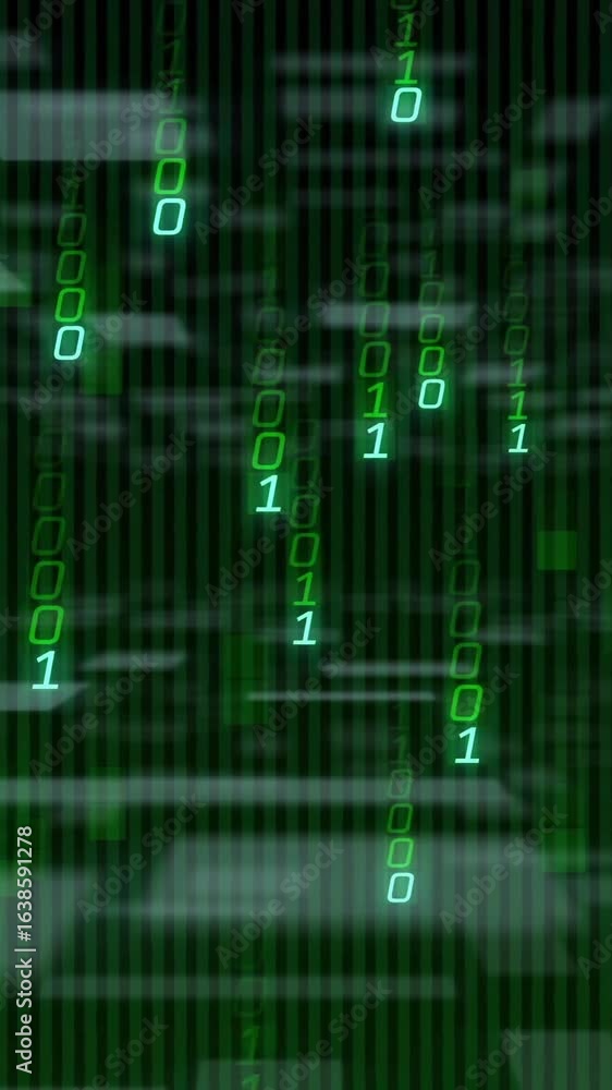 Poster animation of white shapes moving over binary coding
