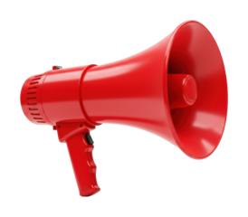 Sound of change red megaphone in action urban setting digital content focused communication concept. Cut out png