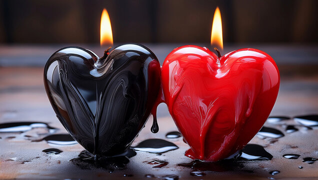 Close-up of two heart-shaped candles, one black and one red, burning side by side with melted wax and water droplets, symbolizing love, passion, and contrast.
