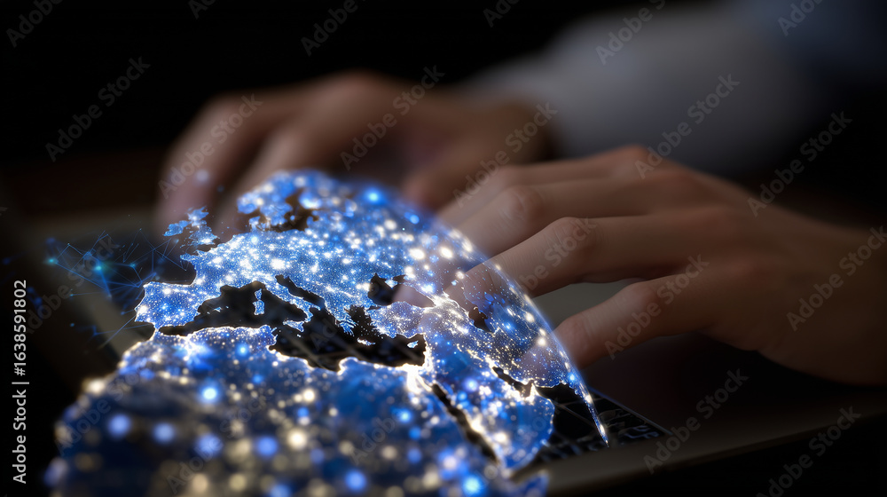 Aufkleber detailed view of male fingers typing, with a glowing digital globe overlay featuring network nodes a