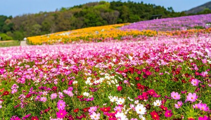 A colorful expanse of cosmos flowers in full bloom.