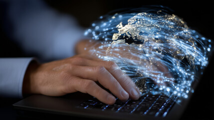 Male hands in motion over a laptop keyboard, a vivid 3D digital globe with orbiting data lines superimposed above, emphasizing worldwide technology and connectivity,
