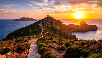 Fototapeta premium Dramatic sunset over a coastal path on a rugged island.