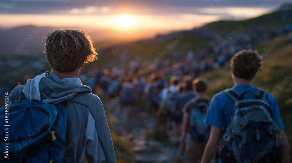 Aufkleber the back view of a large group of young people with backpacks walking into the sunset, their figures
