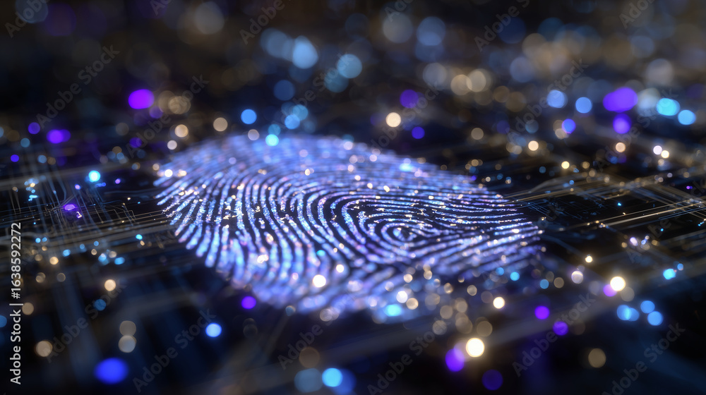 Poster close-up of a detailed digital fingerprint embedded seamlessly into a high-tech circuit board, radia