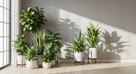 Fototapeta premium Indoor Garden Serenity: A collection of vibrant potted plants, basking in the natural light streaming through a large window, creating a tranquil and refreshing indoor oasis.