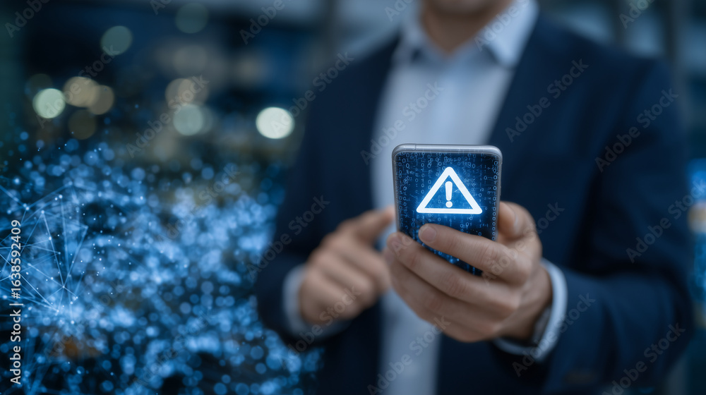 Aufkleber a sharp-dressed businessman holds a smartphone displaying a bright digital warning icon, the screen 