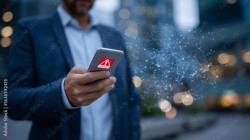 Poster close-up of a businessmanâs hand gripping a smartphone showing a red warning symbol on a digital i