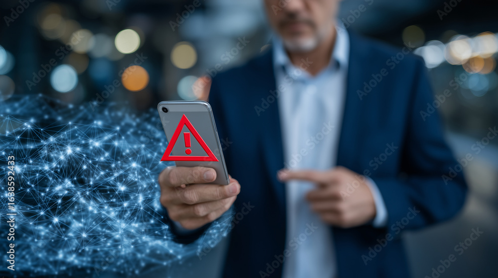 Aufkleber focused businessman shows a smartphone with a flashing red warning triangle, the backdrop a glowing 