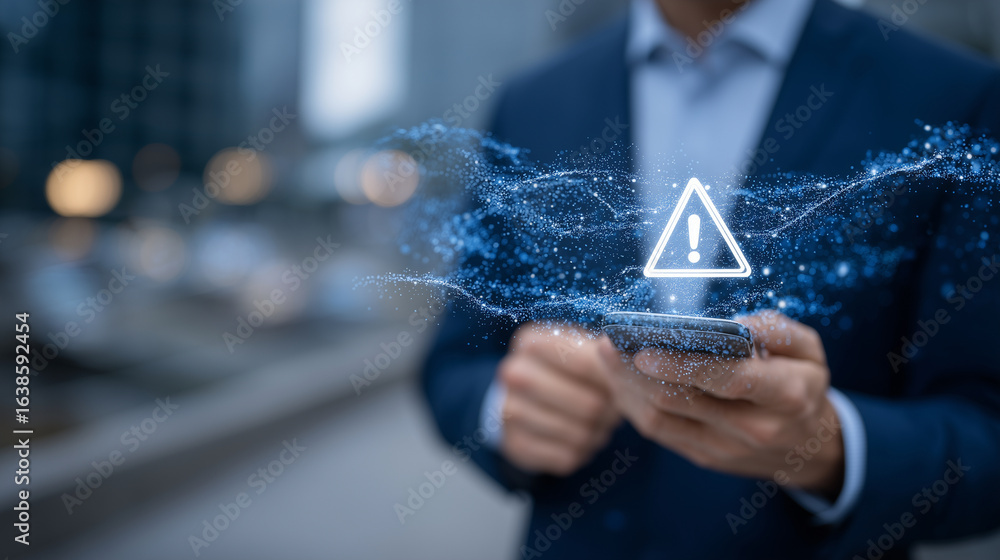 Poster a suited businessman holds a smartphone displaying an alert icon surrounded by a holographic network