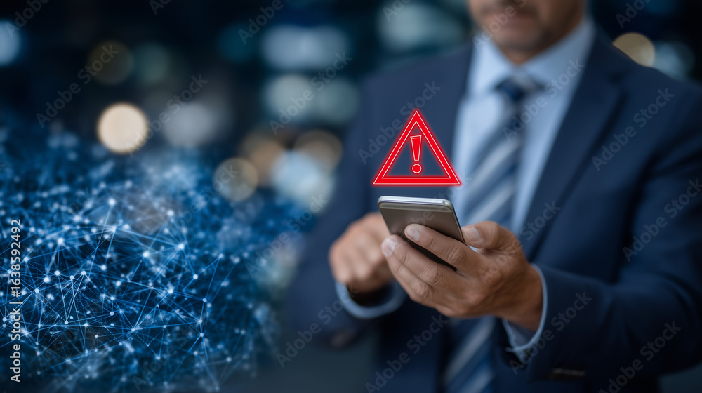 Poster focused businessman shows a smartphone with a flashing red warning triangle, the backdrop a glowing 