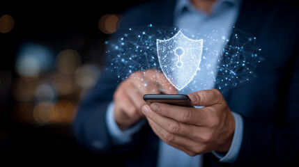 Smartphone screen held by a businessman displays a vivid cybersecurity alert icon, network of radiant digital lines and nodes weave through the dark background, symbolizing global