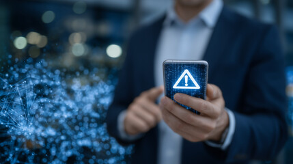 A sharp-dressed businessman holds a smartphone displaying a bright digital warning icon, the screen glowing vividly against a dark background filled with a complex network of glowi